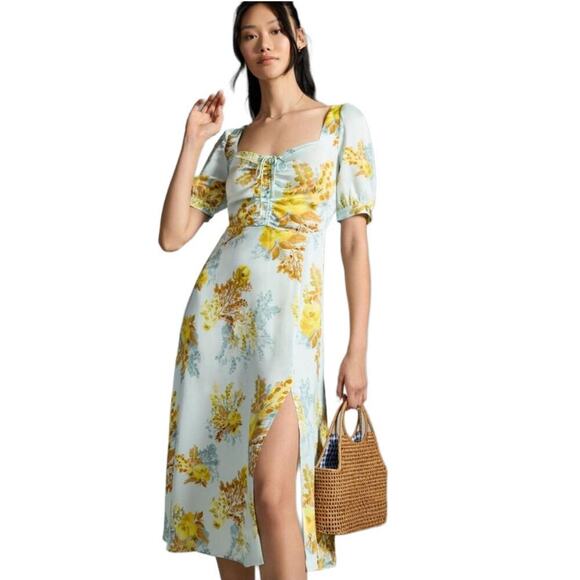 Anthropologie The Vineyard Floral Satin Midi Dress Blue Yellow Puff Sleeve sz 4 - Picture 5 of 8